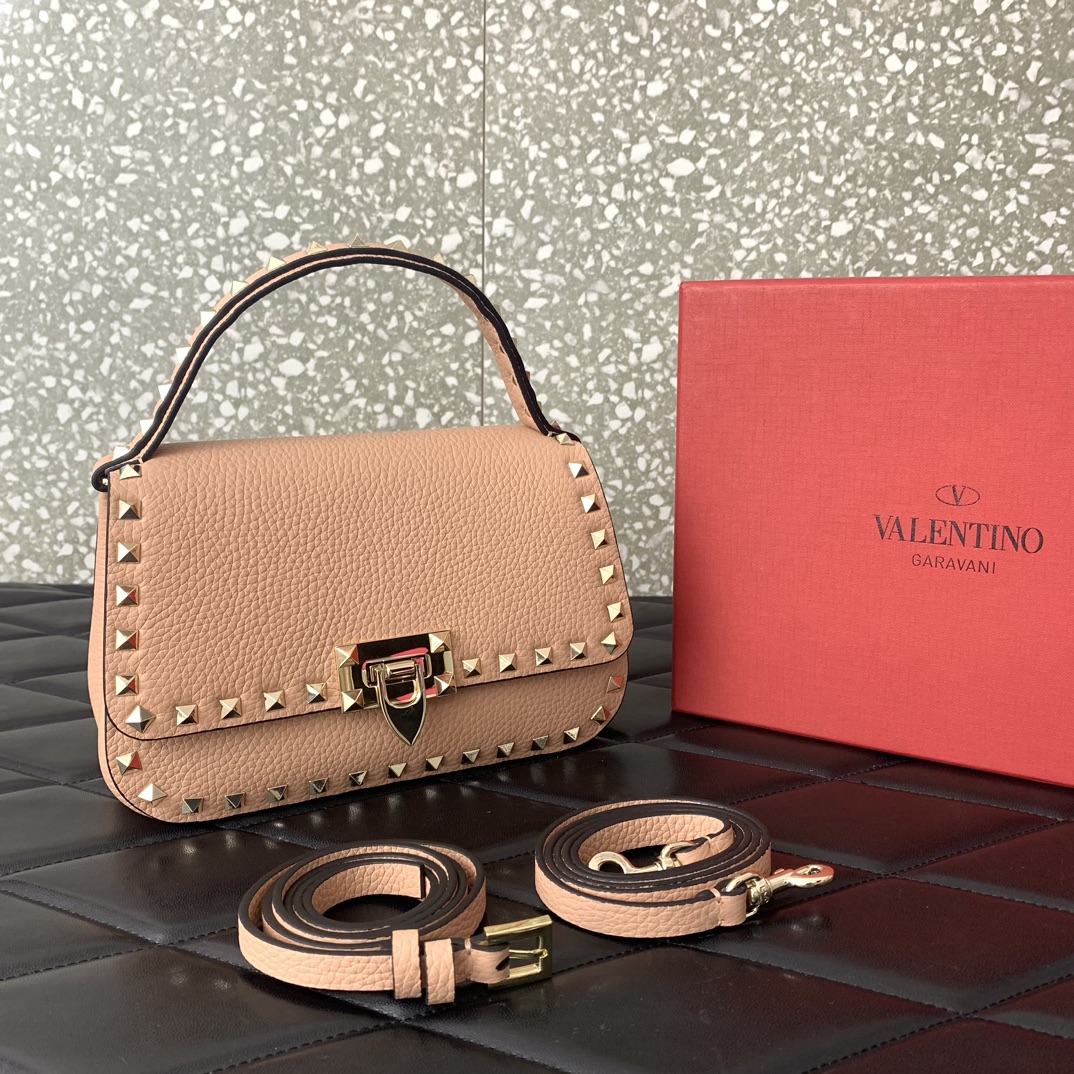 Valentino Garavani Rockstud Handbag Shoulder Bag in Nude Pink Grainy Calfskin